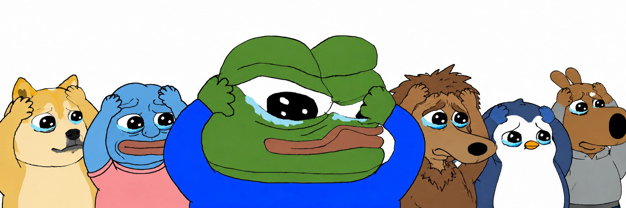 Pepe, Doge, Brett, Landwolf, Pengu and Chill Guy having a little Oppstober